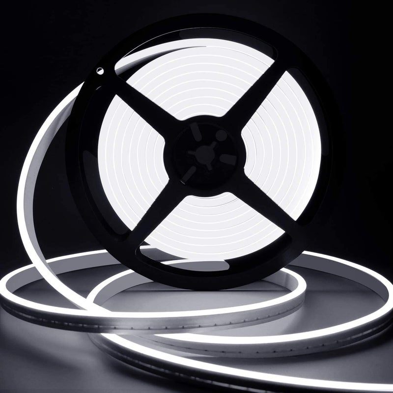 Lamomo ضوء لامومو نيون LED، شريط ضوء نيون LED أبيض 12V، إضاءة شريطية قابلة للتعتيم بطول 16.4 قدم/5 متر، علامة DIY من السيليكون لتزيين غرفة النوم الداخلية (شامل محول الطاقة) - Image 1